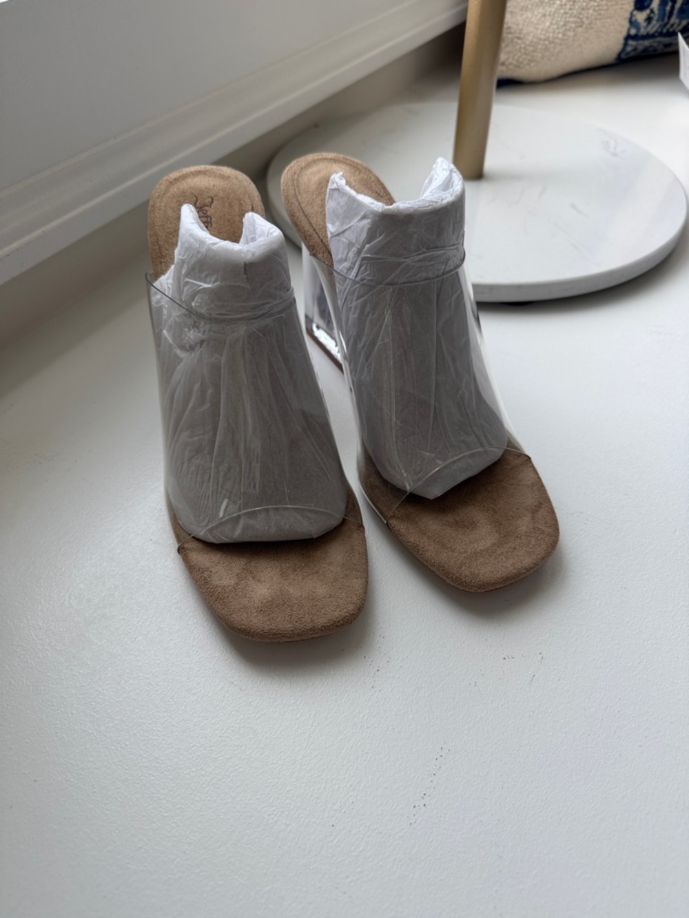 Jeffrey Campbell Clear Acetate Mule Sandals with Tan Suede Footbed